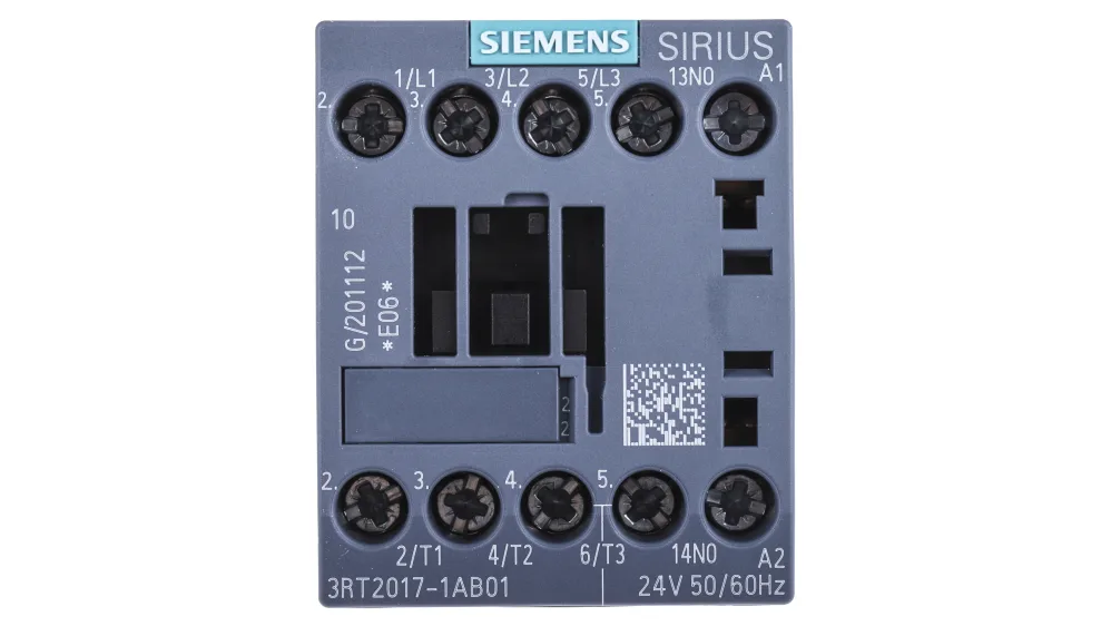 Power Contactors, AC-3 12A, 5.5kW/400V, 1NO Auxiliary Contact, AC 24V 50Hz / 42V 60Hz Coil, 3-Pole, Screw Terminals, S00 Size - 3RT2017-1AB018K