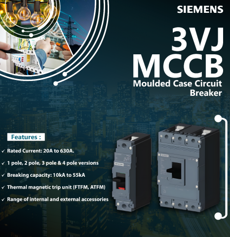 Siemens : 3VJ MCCB, Fixed Thermal Fixed Magnetic (FTFM), 415VAC, 50Hz, 55kA, 3P - 3VJ1463-7DA32-0AA0