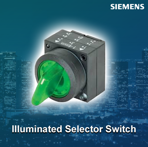 Siemens : Illuminated selector switch, 22 mm, round, plastic, green, long handle, 3 positions I-O-II, momentary, 2 x 50 degree operating angle, with holder - 3SB5001-2EE01