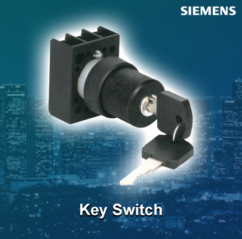 Siemens : Key switch, 22 mm, round, plastic, 3 positions I-O-II, maintained, key removable right, 2 x 50 degree operating angle, with holder - 3SB5000-4HA01