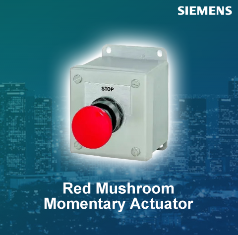 Siemens : Red mushroom momentary actuator, with 1NC contact block, “STOP” - 3SB5801-8AN3