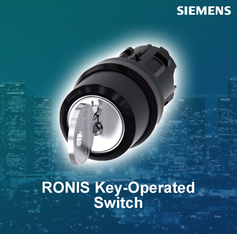 Siemens : RONIS key-operated switch, 22 mm, round, plastic, lock number SB30, with 2 keys, 3 switch positions I-O-II, latching, actuating angle 2x45° - 3SU1000-4BL01-0AA0